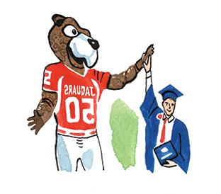 Person in cap and gown highfiving Southpaw statue.